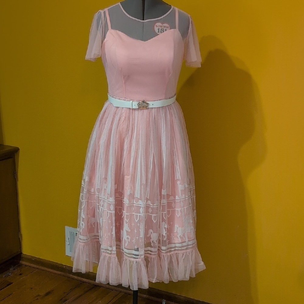 Disney Paris Carousel Elegant Pink Dress with Sheer Sleeves